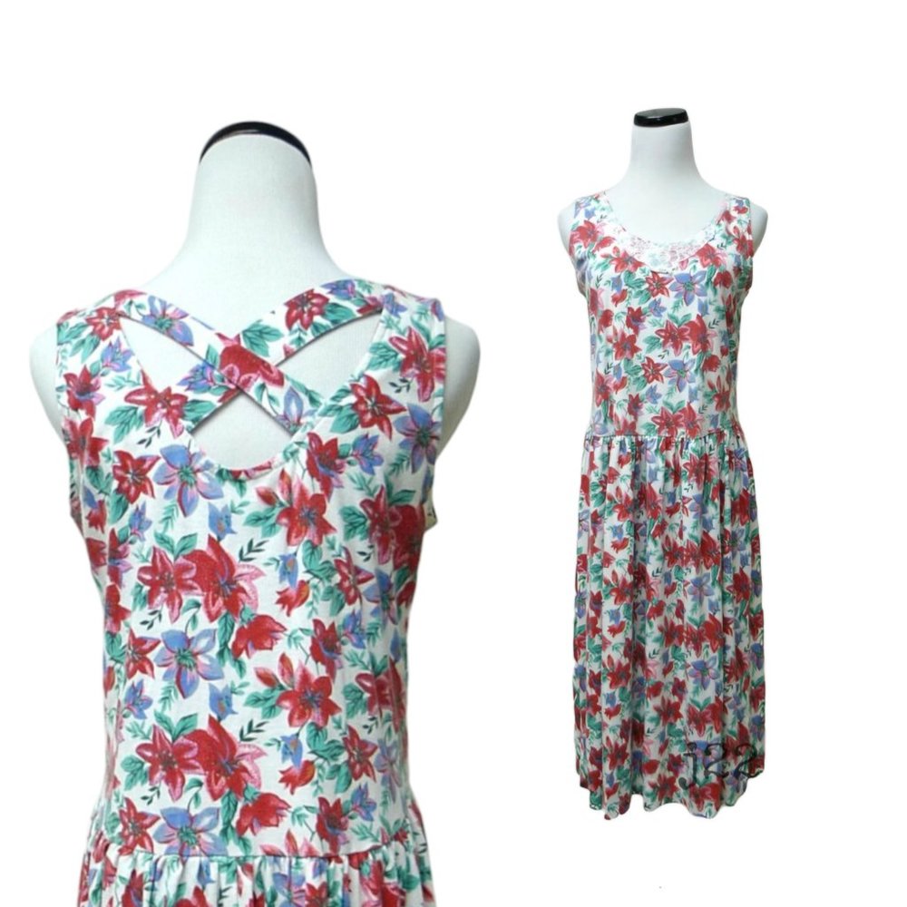 VTG 80s Bermuda Run  lily print cross-back dress